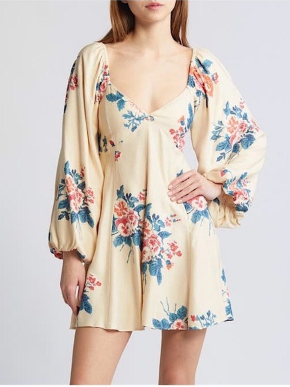 Free People Cream Floral Scoop-Neck Mini Dress with Blue & Coral Blooms